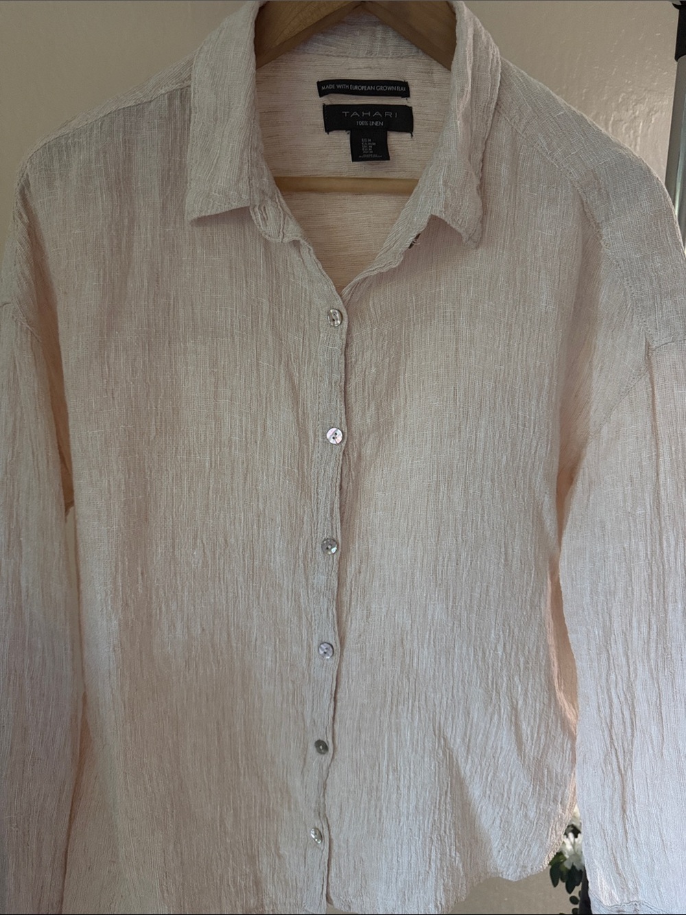 TAHARI 💯 Linen Long Sleeve Button Up Blouse Cream Ivory Size M